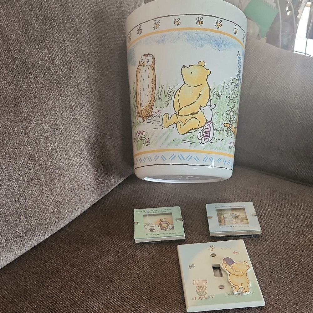 Vintage Winnie the Pooh Wastebasket and Switch Cover with 2 Small Pictures